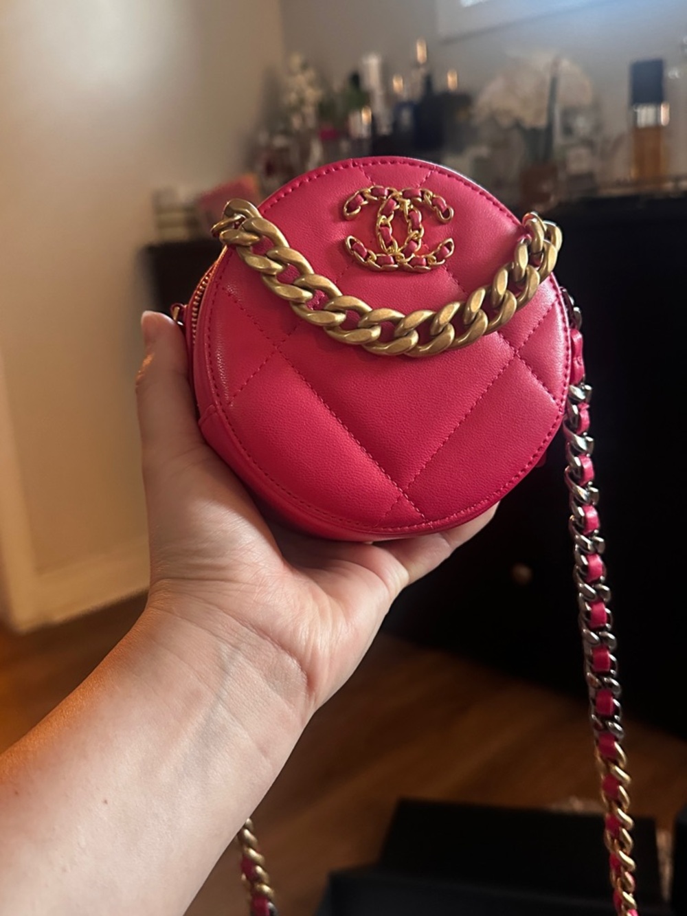 CHANEL Hot Pink Quilted Round Mini Crossbody with Gold Chain - Picture 12 of 16